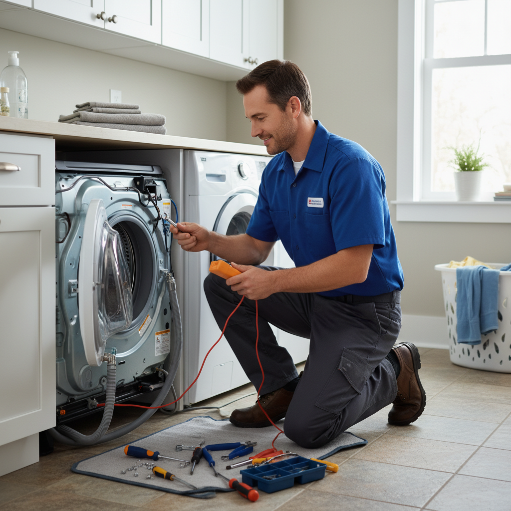 Professional appliance repair technician servicing a washing machine in a Kaufman County home
