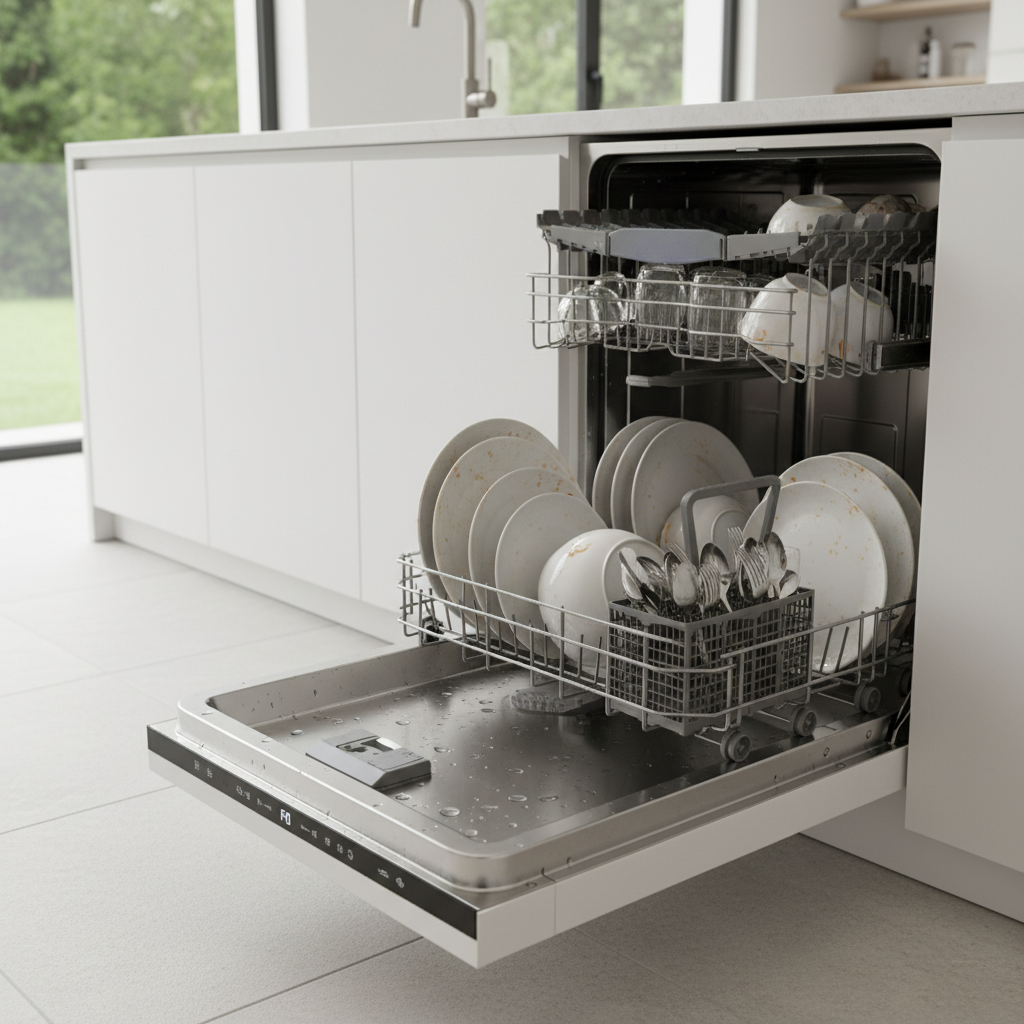 Open dishwasher with standing water at the bottom needing repair