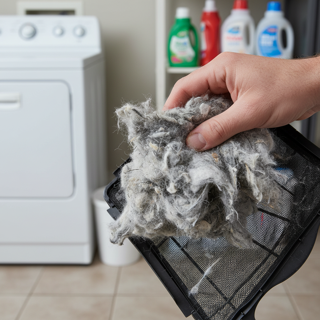 Hand pulling lint from a dryer lint trap for fire prevention
