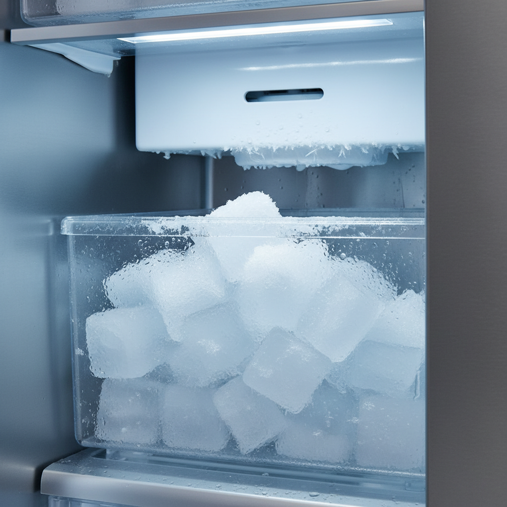 Close-up of a refrigerator ice maker compartment with ice and frost