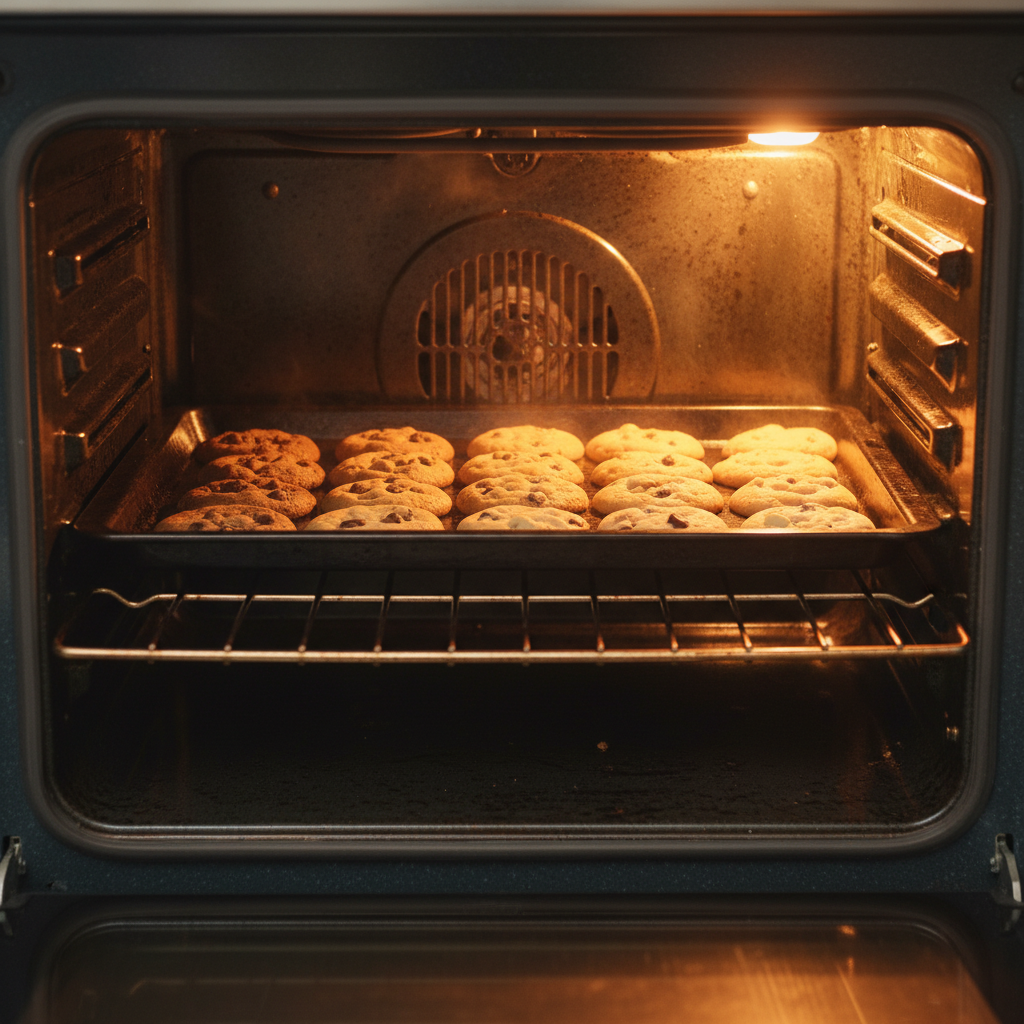 Cookies with uneven browning inside an oven showing heating problems