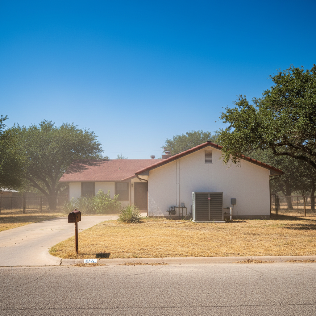 Texas home exterior in summer heat with AC unit running