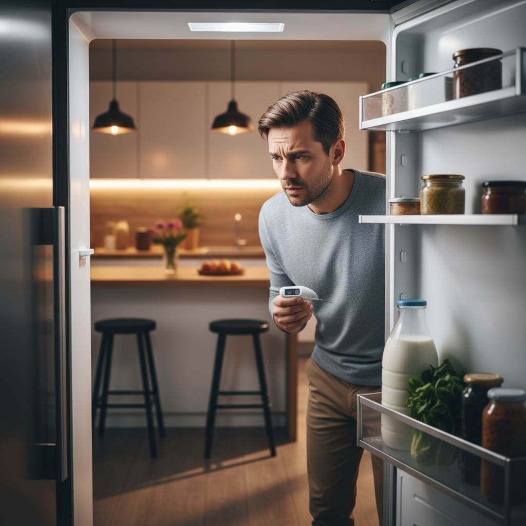 Person checking temperature inside a refrigerator that is not cooling properly