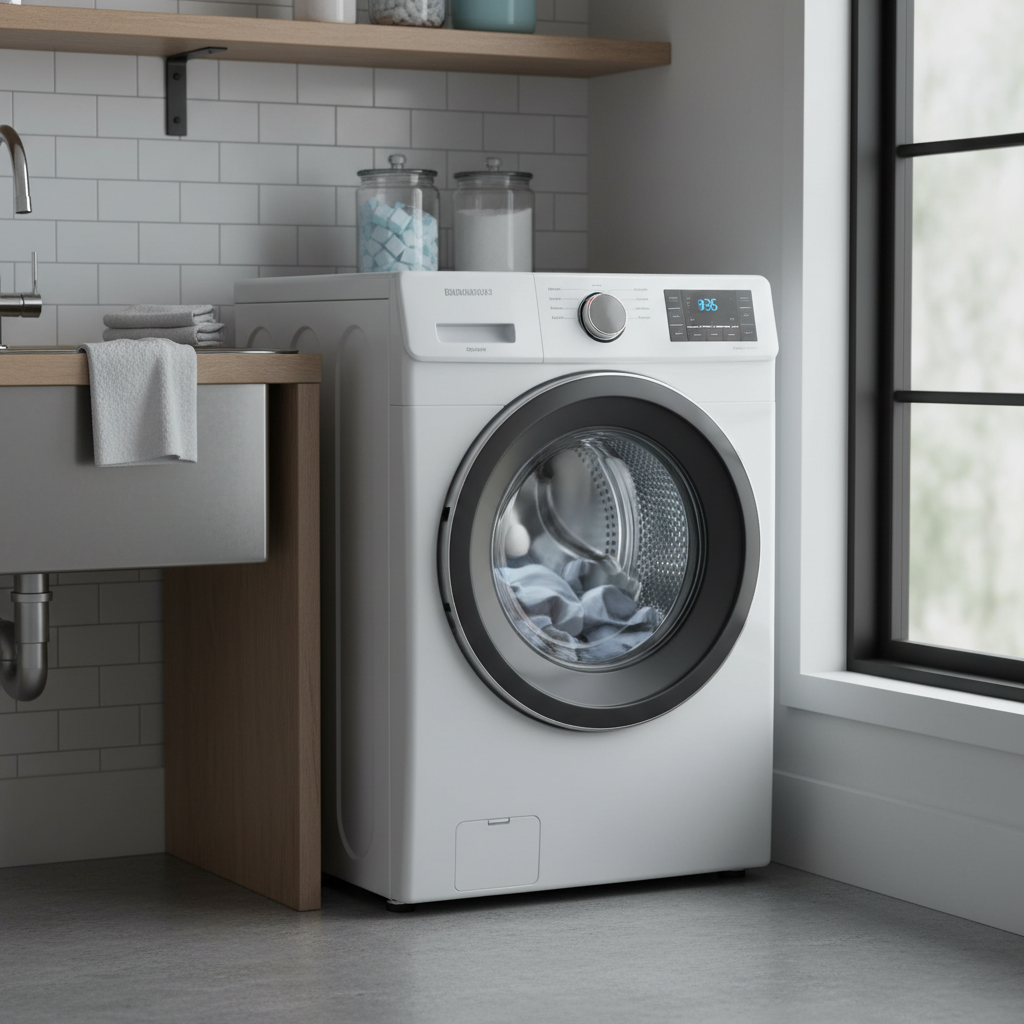 Front-load washing machine mid-cycle in a modern laundry room
