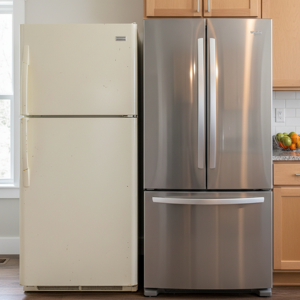 Side by side comparison of an old worn appliance next to a new one